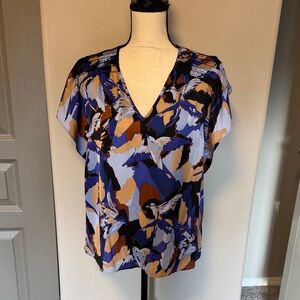 Nine West Abstract Floral V-Neck Blouse in Blue, Tan & Black